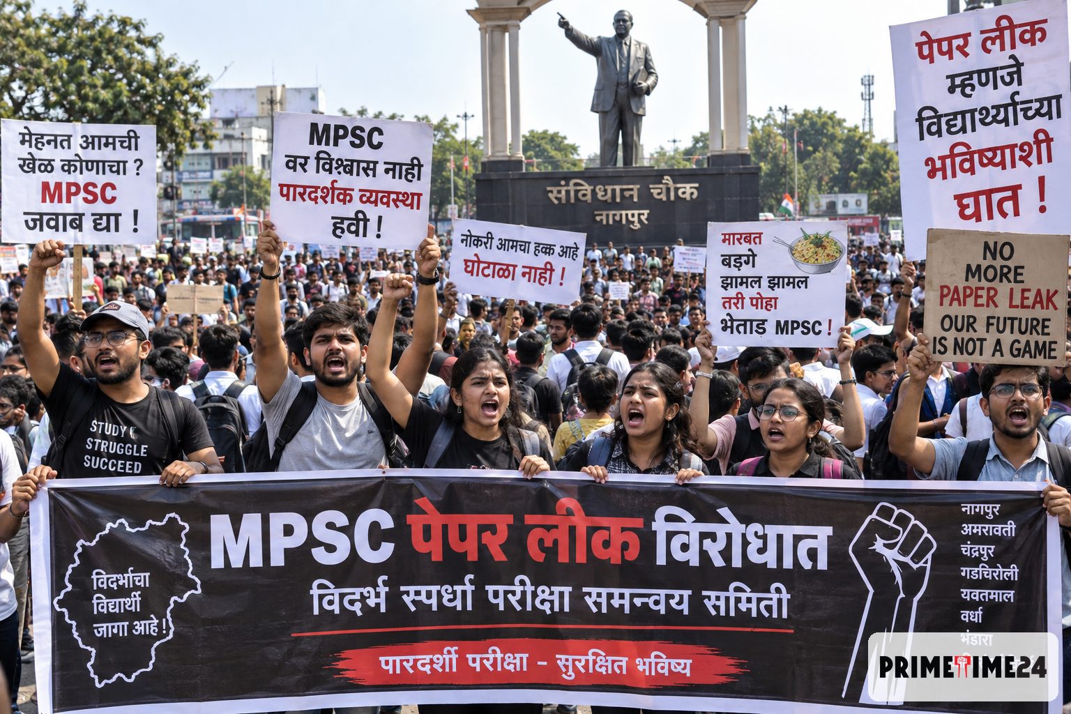 MPSC पेपर लीक पर नागपुर के संविधान चौक पर हजारों छात्रों का हल्ला बोल