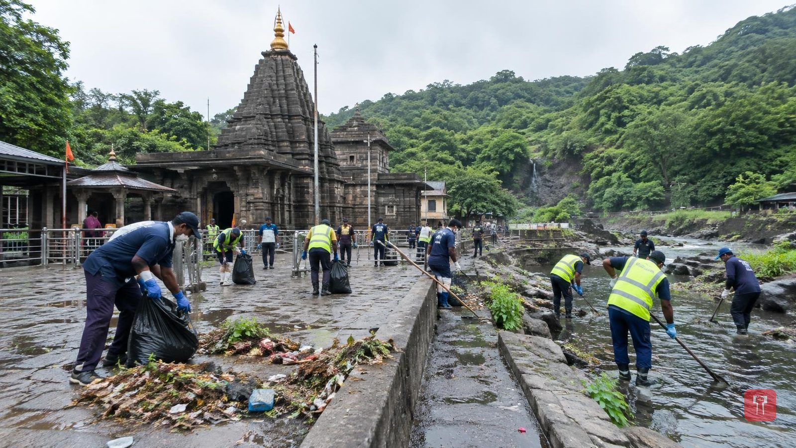 भीमाशंकर मंदिर परिसर में श्रावण के बाद सफाई अभियान, नदी उद्गम से हटाया कचरा