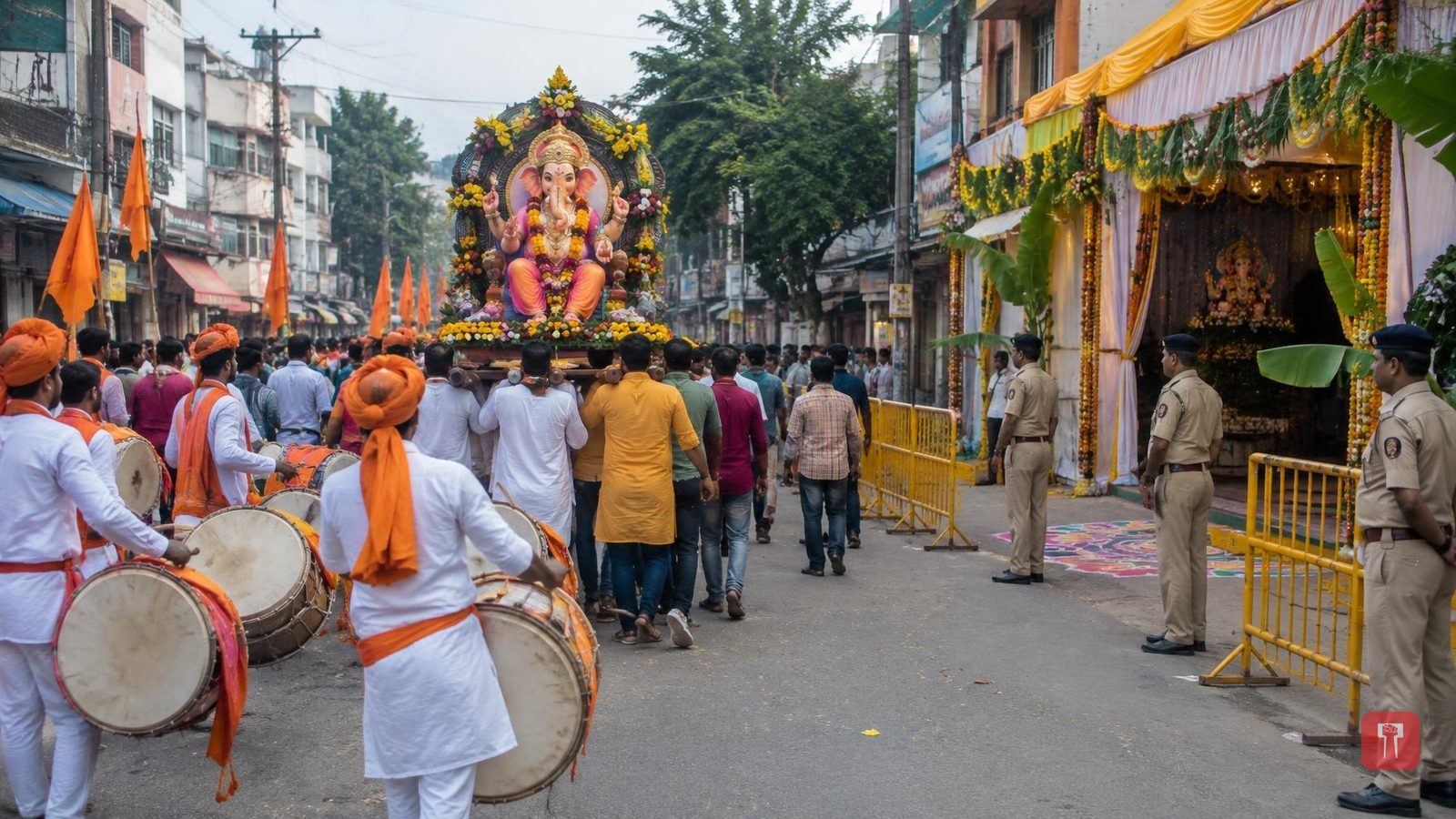 गोंदिया में गणेश चतुर्थी पर ढोल-नगाड़ों और पुलिस बंदोबस्त के बीच धूमधाम से स्वागत
